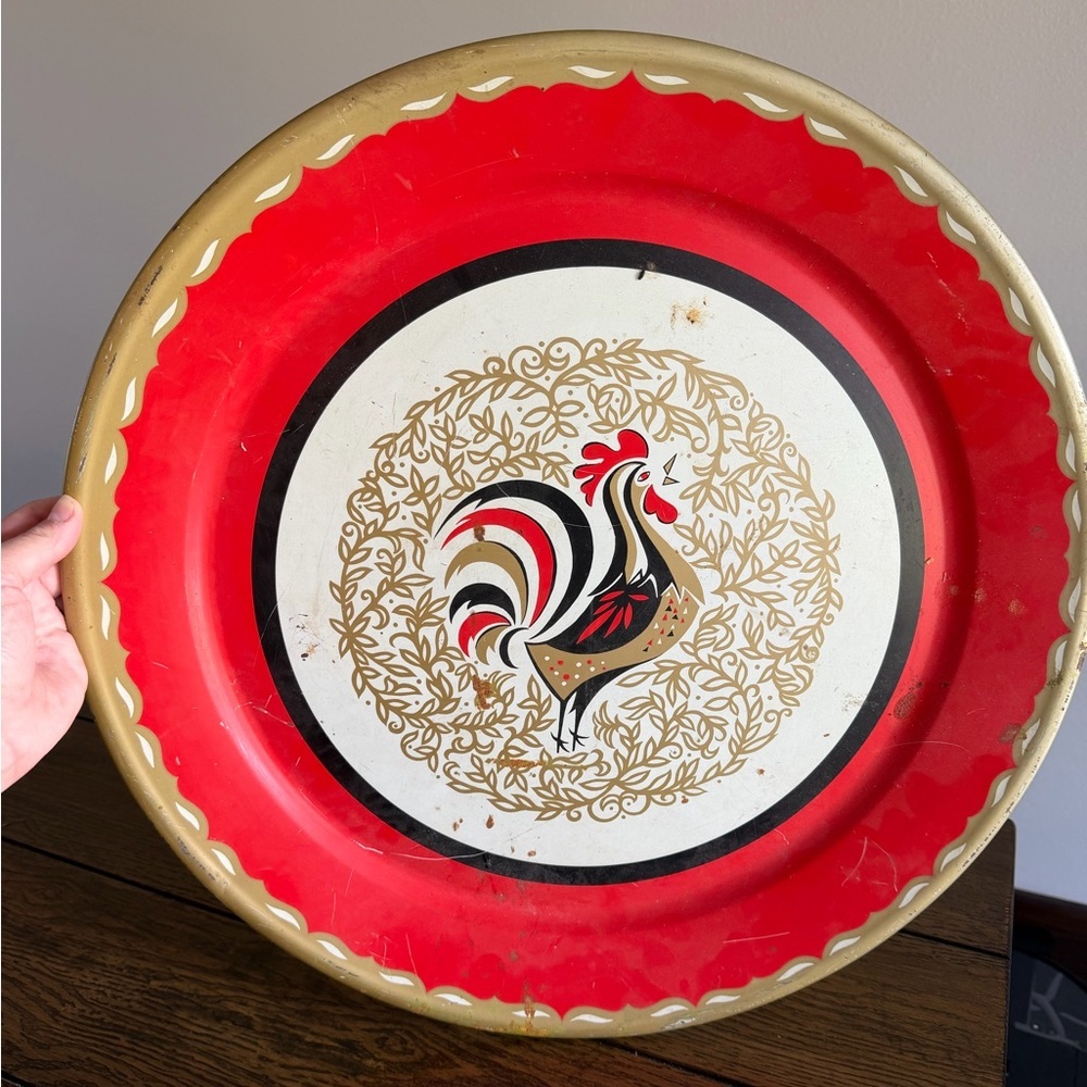 Large 19" Vintage Metal Tole Tray Rooster Farmhouse Serving Tray  MCM Black‎ Red